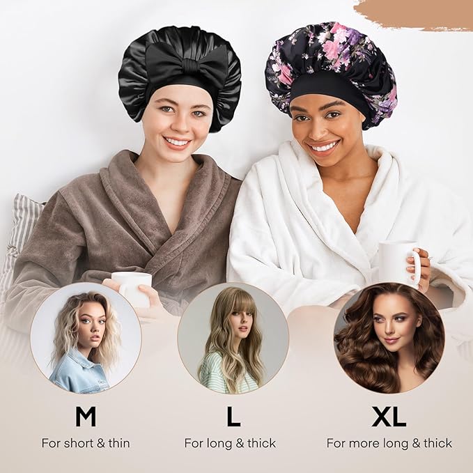 Arqumi 2 Pcs Satin Silk Bonnet for Sleeping Women, Long Strap Tie Band Adjustable Sleep Night Cap Curly Hair Bonnet Wrap for Braids Mother's Day Girls Gifts,Black + Black Flower Pattern (Large)