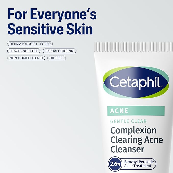 Cetaphil Gentle Clear Complexion-Clearing BPO Acne Cleanser with 2.6% Benzoyl Peroxide, Creamy and Soothing for Sensitive Skin, Suitable for All Skin Types, 4.2oz