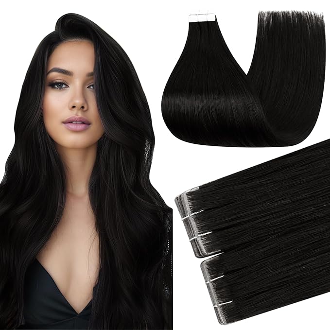 Full Shine Seamless Tape in Hair Extensions Human Hair Color 1B Black Injection Tape in Extensions Cover Thinning Areas Seamless Remy Skin Weft 16Inch 40G 20Pcs Bridal Hairstyles Lightweight