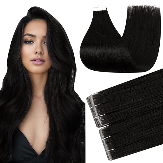 Full Shine Injection Tape in Hair Extensions Human Hair Color 1B Off Black Human Hair Tape in Extensions 24Inch Long Straight Skin Weft 50G 20Pcs At Home Hair Transformation Invisible Extension