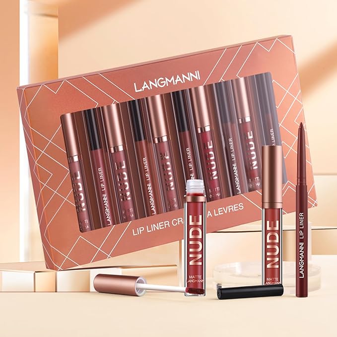Jolilab 12Pcs Matte Lip Liner + Liquid Lipstick Set, One Step Velvety Nude Lip Stain Waterproof Long Wear High Pigment Lip Makeup Gift Set（Set C）