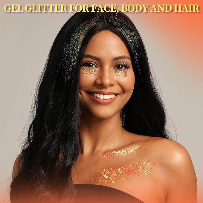 Teenitor Face Glitter, Orange Body Glitter Gel, Holographic Glitter for Face and Body, Hair, Makeup for Festival Party Cheer Makeup