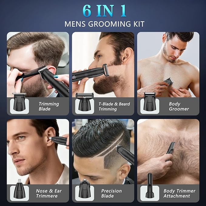 6-in-1 Men's Grooming Kit, Cordless Beard Trimmer & Hair Clipper for Men with Nose Hair Trimmer & Mustache Trimmer Attachments, Waterproof USB Rechargeable Personal Care Set, Gifts for Men