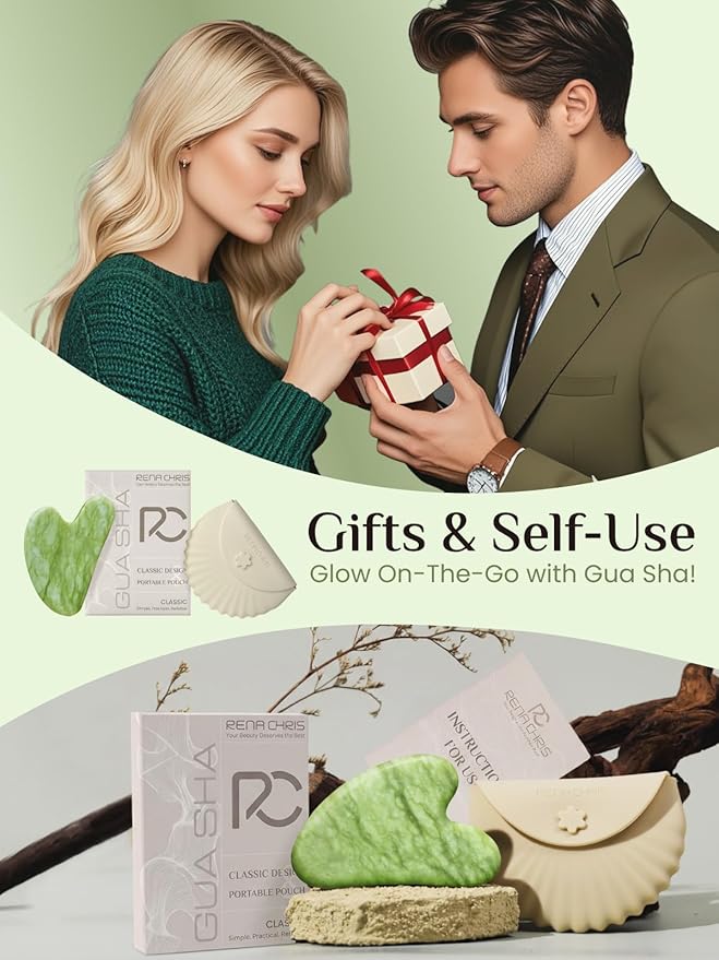 Rena Chris Gua Sha Facial Tools, Xiuyan Jade Stone Guasha Tool for Face Massage, Manual Facial Massager Tool for Jawline Sculpting and Puffiness Reduction with Silicone Case (Green)