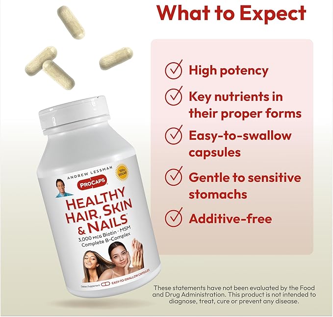 ANDREW LESSMAN Healthy Hair, Skin and Nails 240 Capsules - 3000 mcg High Bioactivity Biotin, B-Complex. Promotes Beautiful Skin, Strong Nails. No Additives Hair Growth Vitamins Biotin Supplement