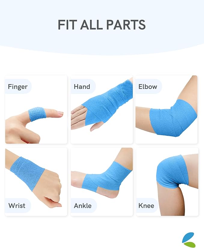 FriCARE Self Adhesive Bandage Wrap, Medical Tape in First Aid Kit, Cohesive Bandages for Wounds Sport Vet, 2 Inches X 5 Yards 6 Rolls, Fluorescent Blue