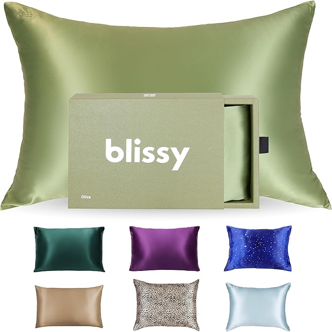 Blissy Silk Pillowcase - 100% Pure Mulberry Silk - 22 Momme 6A High-Grade Fibers - Silk Pillow Cover for Hair & Skin - Regular, Queen & King (Olive, Queen)