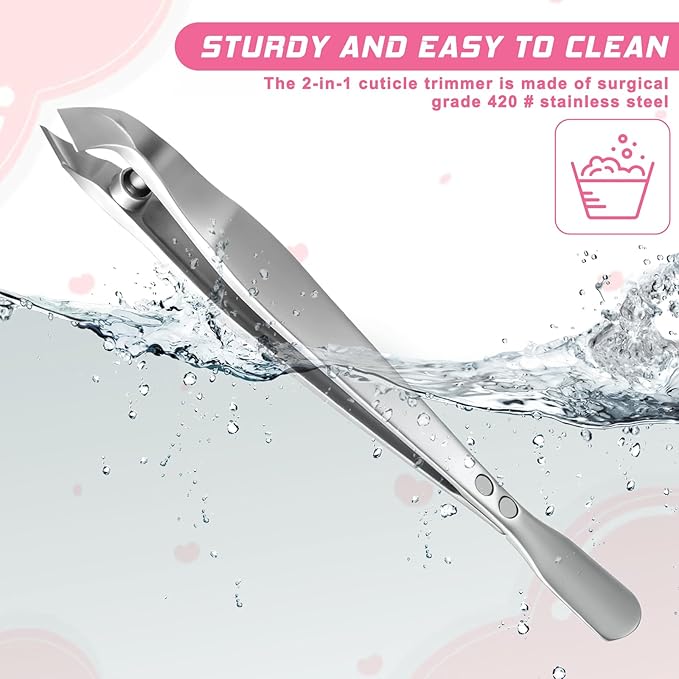 Tweezers-Style 2-in-1 Cuticle Trimmer & Pusher, Mini Nail Cuticle Trimmer Kit Professional Stainless Steel Nail Cutter and Trimmers for Women with Leather Case Portable Manicure Tool