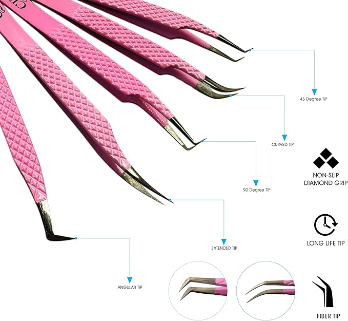 Lash Tweezers For Eye Lash Extension set of 5 Precise Fiber Tip with Diamond Grip Complete set for Volume Lashes Pink