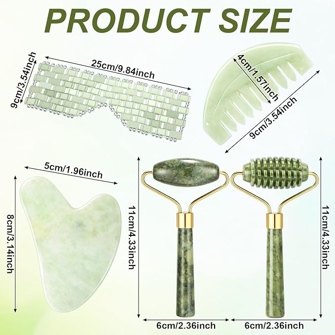 Sliner 10 Pcs Gua Sha Facial Tools Set Jade Eye Mask Scalp Hair Comb Spiked Roller Jade Stone Eye Mask Gua Sha Board White Facial Cooling Set for Spa Relax Alleviate Puffiness Esthetician Supplies