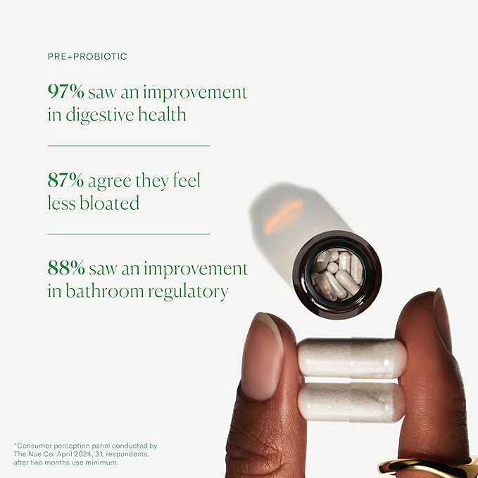 The Nue Co. Pre + Probiotic Supplement - Synbiotic & Spore Based Formula for Daily Gut Balance - Vegan & Gluten Free Immune Supplement - Supports Digestive Wellness, Immunity & Skin | 60 Capsules