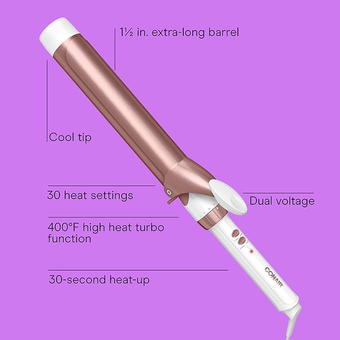 Conair Double Ceramic 1 ½-Inch Long Barrel Curling Iron, 1 ½-Inch Barrel Creates Soft Waves, Hair Waver for Use on Medium & Long Hair, White/Rose Gold