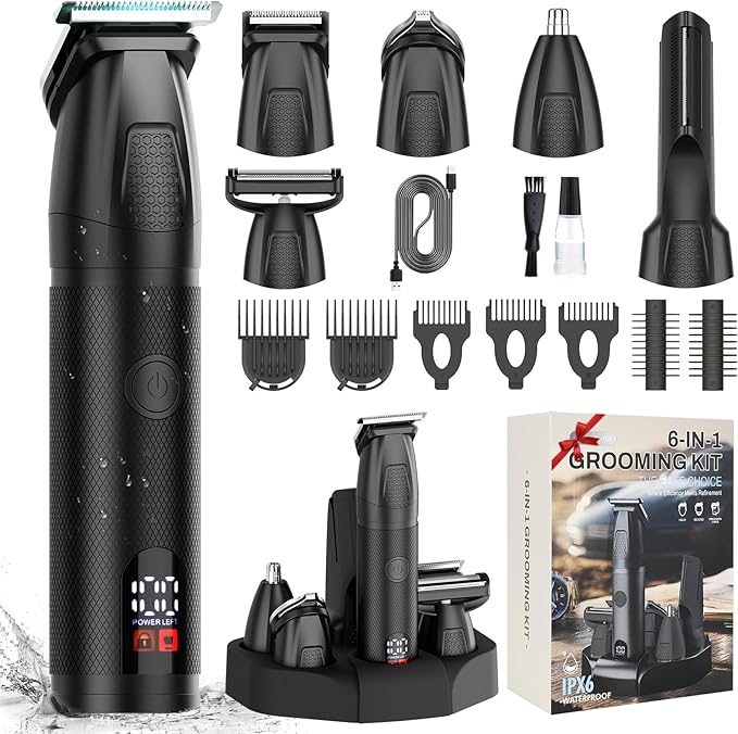 6-in-1 Men's Grooming Kit, Cordless Beard Trimmer & Hair Clipper for Men with Nose Hair Trimmer & Mustache Trimmer Attachments, Waterproof USB Rechargeable Personal Care Set, Gifts for Men
