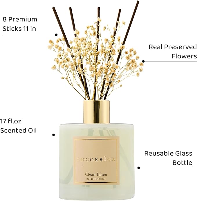 COCORRÍNA Reed Diffuser - Clean Linen 17 Fl.oz Reed Diffuser with 8 Sticks Scented Diffuser with Preserved Flowers for Bathroom Home Decor