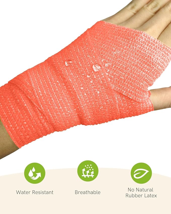 FriCARE Self Adhesive Bandage Wrap, Medical Tape in First Aid Kit, Cohesive Bandages for Wounds Sport Vet, 2 Inches X 5 Yards 6 Rolls, Fluorescent Orange