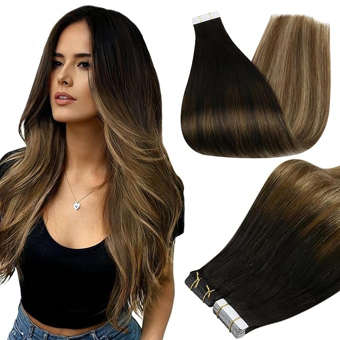 Full Shine Hair Extensions Real Human Hair Tape in Color 1B/6/27 Balayage Ombre 20Inch Human Hair Tape in Extensions 50Gram Straight Human Hair Extensions 20Pcs Seamless Soft Hair Add Length