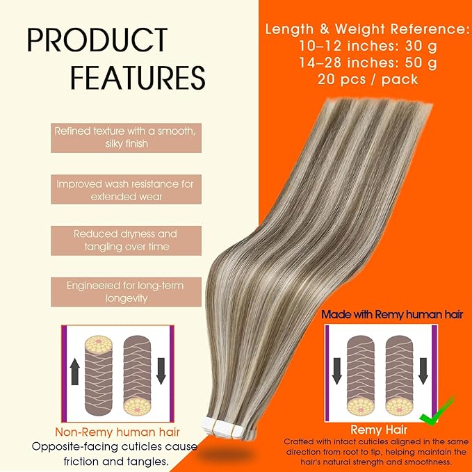 Full Shine Tape in Hair Extensions Human Hair Glue in Hair Extensions Color 8 Ash Brown Highlighted 60 Platinum Blonde Straight Hair 14 Inch Skin Weft Tape in Extensions 20 Pcs 50g