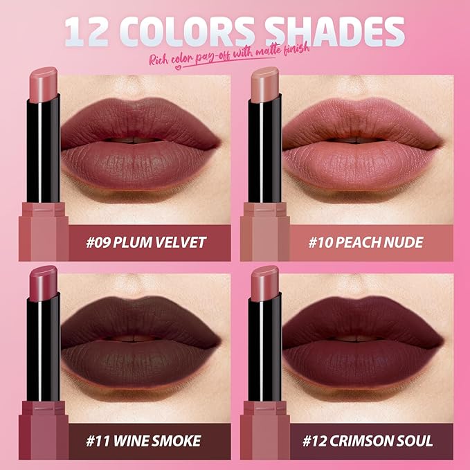 Jolilab 2Pcs Velvet Matte Lipstick Nude Matte Soft Dark Color Stick High Pigmented Long-Lasting Waterproof Lip Stick Lip Balm Beauty Cosmetics Gift for Women(#07+08)