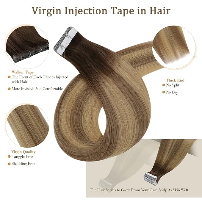 Full Shine Virgin Injection Tape in Hair Extensions Human Hair 10Gram 5Pcs Color 3/8/22 Brown And Blonde Injected Tape ins Human Hair Extensions Seamless Skin Weft 16Inch Intact Human Hair
