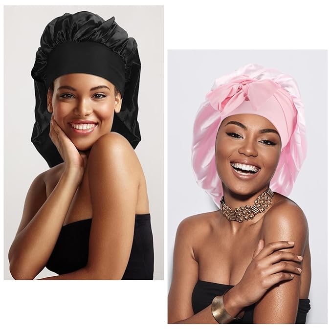 Arqumi Pack of 2 Satin Sleeping Bonnet, Large Sleep Bonnet with Long Strap, Adjustable Sleep Cap Hair Bonnet for Women & Men, Black+Pink