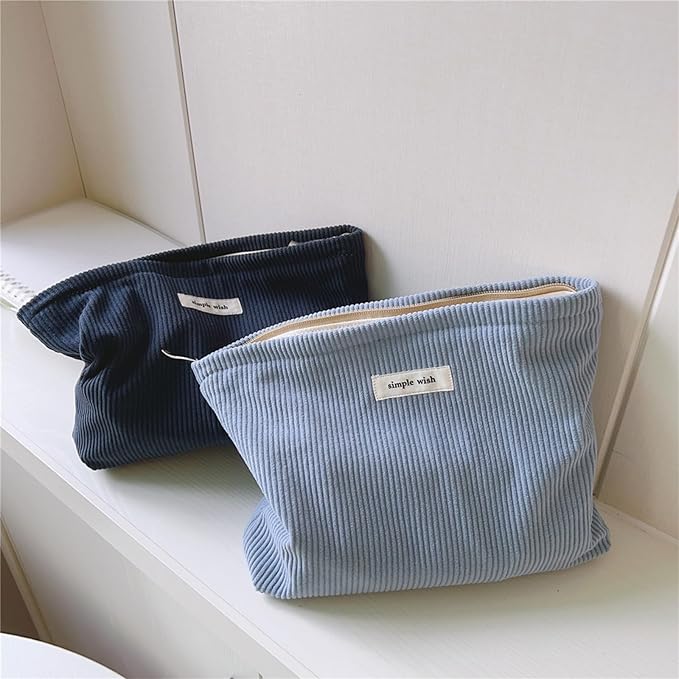 Wudygirl Makeup Bag,Portable Cosmetic Travel Bag for Women and Girls,Large Capacity Corduroy Travel Toiletry Bag(Light Blue)