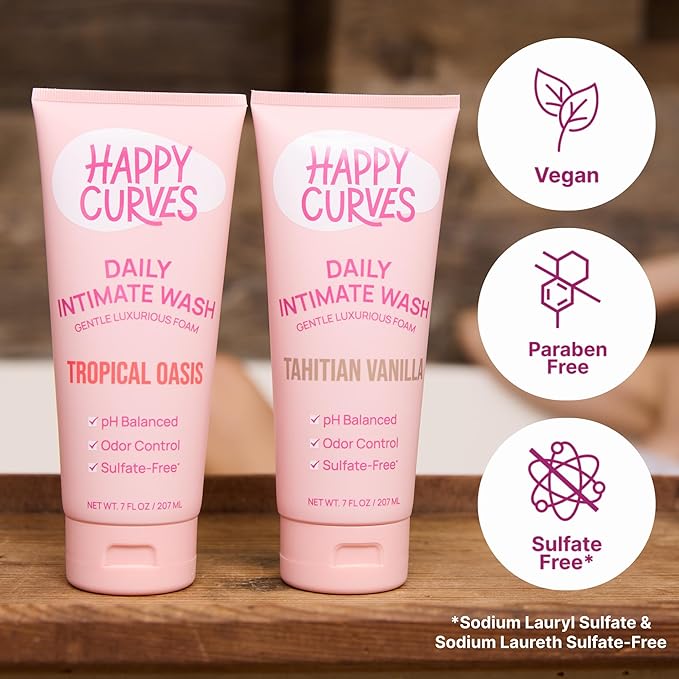 HAPPY CURVES Feminine Wash - pH Balanced Cleanser with Aloe & Vitamin E - Intimate Care for Women - Odor Control, Gentle Daily Vaginal Wash for Sensitive Skin (7 Fl Oz (Pack of 1), Tropical Oasis)