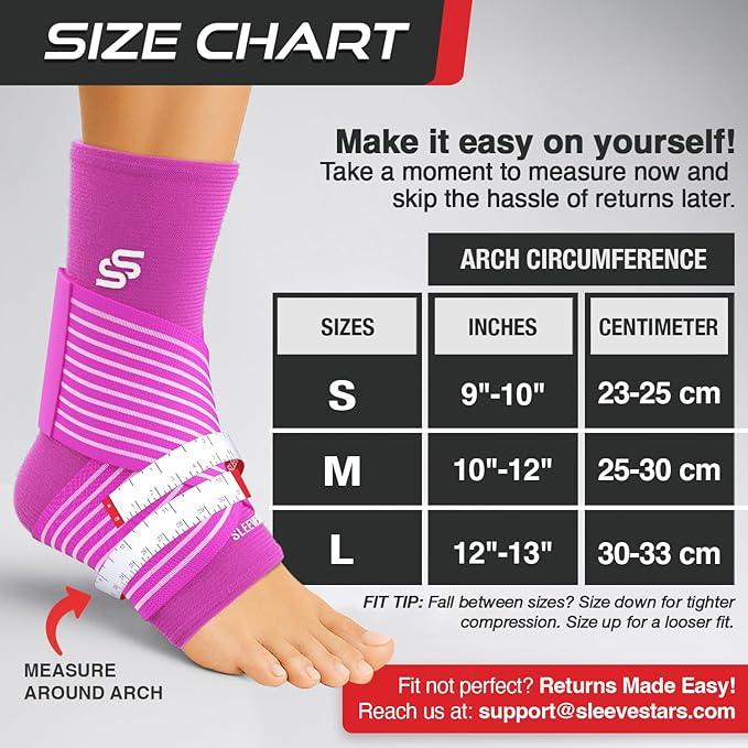 Sleeve Stars Ankle Brace for Women & Men, Ankle Wrap for Sprain, Compression Sleeve for Plantar Fasciitis Relief, Easy Customizable Support: w/ Removable Strap (Single/M:10"-12"/Hot Pink)
