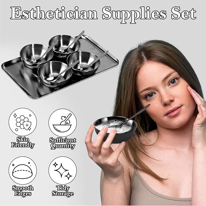 9 PCS Black Esthetician Supplies 4 Black Facial Bowls Esthetician 4 Facial Mixing Spoons Facial Mask Mixing Bowl Large Stainless Steel Skincare Tray Esthetician Spoons for Skin Care Face Mask