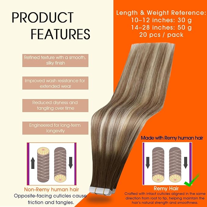 Full Shine Tape in Hair Extensions 16Inch Remy Tape ins Human Hair Invisible Seamless Balayage Tape Hair Extension Human Hair Color 3 Ombre 8 Highlighted 22 Medium Blonde Hair Extensions 50G 20Pcs