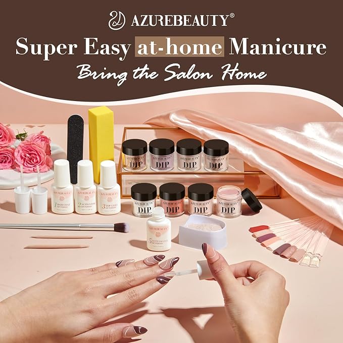 AZUREBEAUTY Dip Nails Powder Starter Kit 8 Colors with Nail Sticks Nude Brown Giltter Shimmer Set Nail Art Base Glossy Matte Top Coat Activator Essential Liquid Manicure DIY Salon 30 PCS