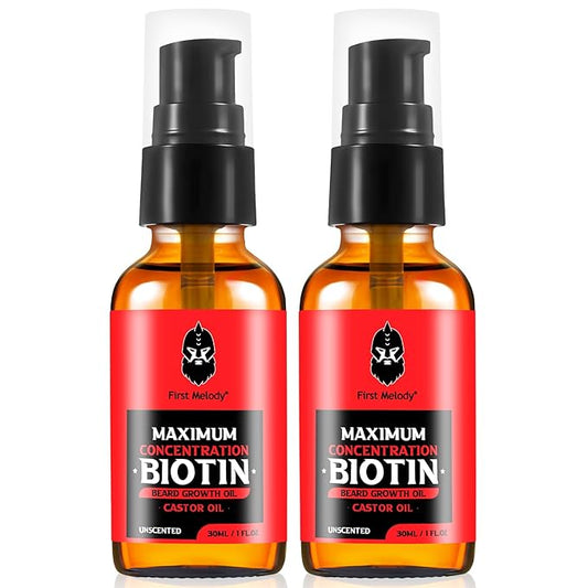 Beard Oil,Maximun Thickening Biotin, with Castor Oil and Argan & Jojoba Oils, Promotes Beard Growth, Styles, Strengthens & Softens Beards & Mustaches,1 Ounce*2（2 Pack）