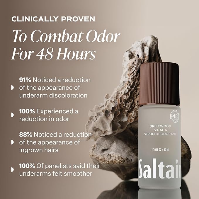 Saltair Serum Deodorant Driftwood 2 Pack. 5% AHA Formula. Lactic Acid and Mandelic Acid Deodorant. Aluminum-Free Odor Control for Women and Men. Travel Essentials, 2x 1.7oz Roll On