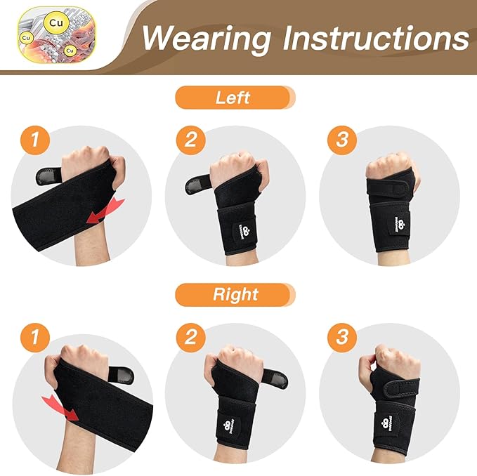 INDEEMAX 2 Pack Copper Wrist Brace Support for Carpal Tunnel, Pain Relief, Arthritis, Tendonitis, Adjustable Wrist Braces Compression Wraps Both Hands, Fit for Men and Women (Black-New)