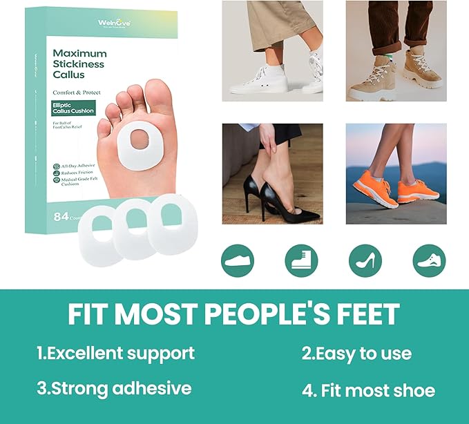 Welnove 84pcs Callus Pad with Water-Resistant Self-Stick Adhesive, Protects Foot, Heel and Toes from Rubbing and Friction,Oval Shape Design,Reduce Pressure and Friction from Shoes Rubbing-White