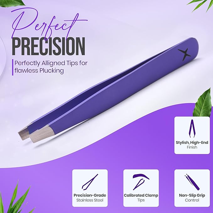 Stainless Steel Mini Slant Tweezer - Professional Precision Eyebrow Tweezers for Women & Men, Rust-Proof Travel Grooming Tool for Facial Hair Removal, Chin Hair & Ingrowns (Purple)