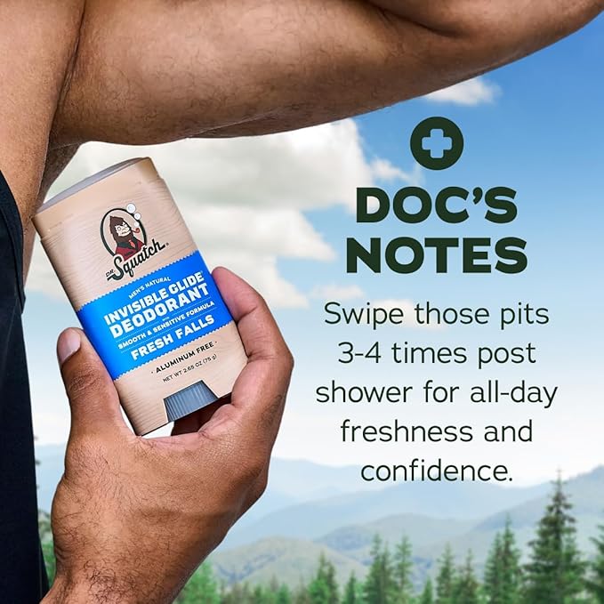 Dr. Squatch Invisible Glide Natural Men’s Deodorant – Smooth Glide, No Stains – Aluminum Free Deodorant Men – Safe for Sensitive Skin – Fresh Falls, 2.65oz (2-Pack)