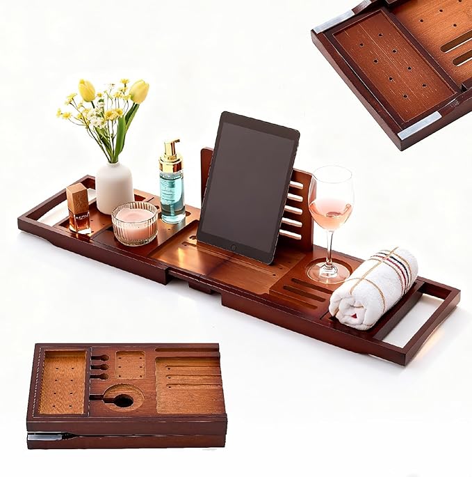 Premium Foldable Bamboo Bathtub Tray Caddy, Expandable Bath Caddy Tray with Holder, Brown Bath Shelf Over Tub, Spa Bathroom Accessories & Gifts for Home