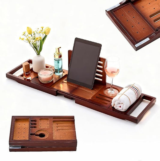 Premium Foldable Bamboo Bathtub Tray Caddy, Expandable Bath Caddy Tray with Holder, Brown Bath Shelf Over Tub, Spa Bathroom Accessories & Gifts for Home