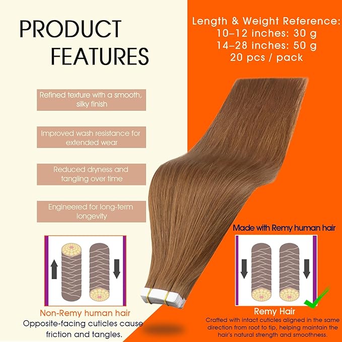 Full Shine Human Hair Tape in Extensions Color 330 Copper Brown Double Sided Tape in Hair Extensions Human Hair 14Inch Remy Hair Extensions 50Gram Seamless Skin Weft 20Pcs for Wedding
