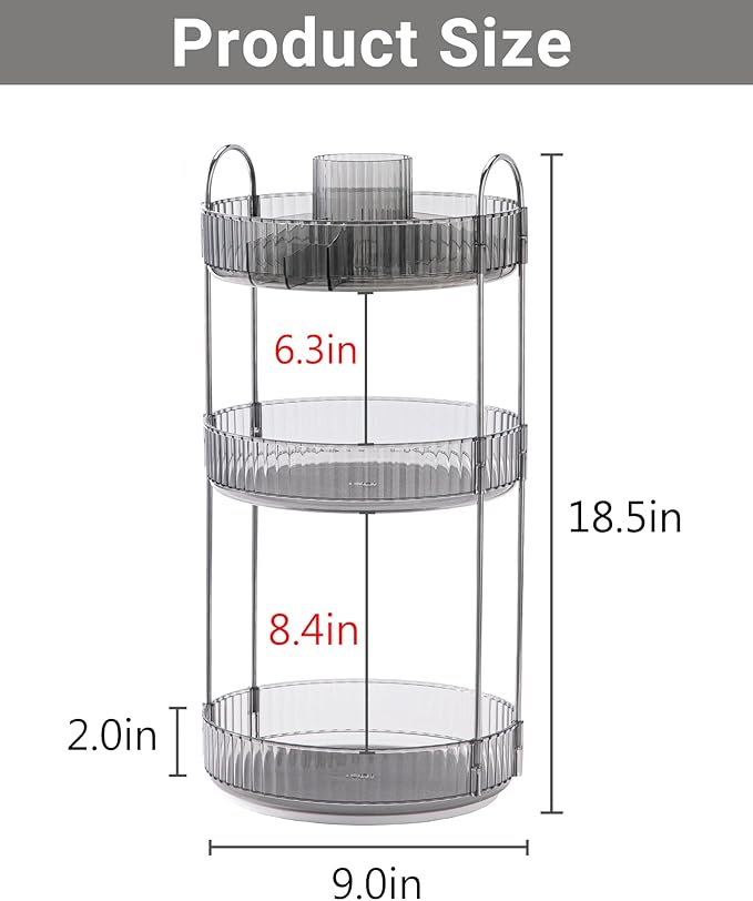 360 Rotating Makeup Organizer,3 Tier Large Capacity Make Up Organizers and Storage,Skincare Perfume Vanity Organizers,Bathroom Cosmetics Storage Organizer Countertop(Grey)