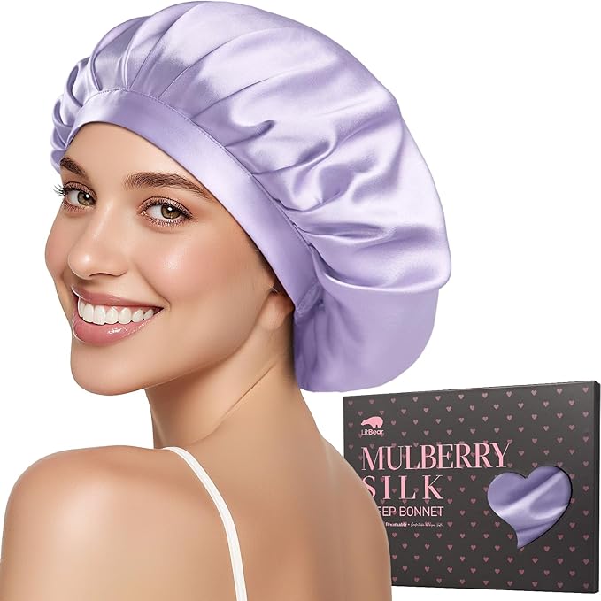 LitBear 100% Mulberry Silk Bonnet for Sleeping Women, 22 Momme Silk Hair Wrap with Elastic Band for Long Short Curly Hair