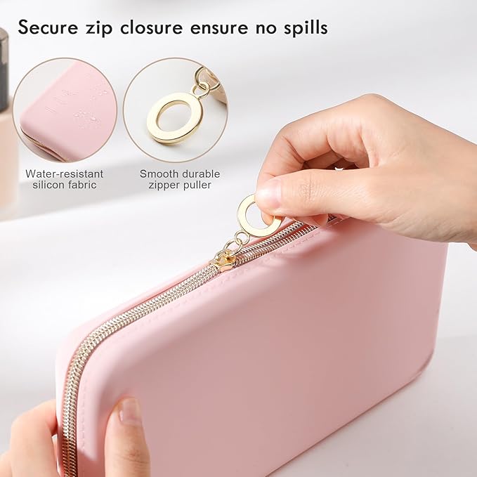 FVION Zipper Makeup Brushes Bag For Travel, Large Silicone Makeup Brush Holder, Make Up Brushes Pouch Case for Makeup Tools - Pink