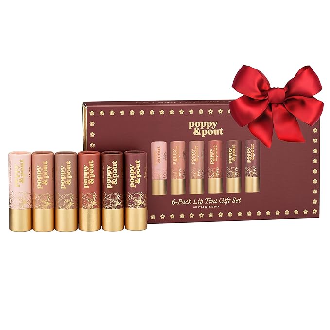 Poppy & Pout All Natural Lip Tints, Sustainable Cardboard Tubes, Hand-filled, Beeswax, Vitamin E, Coconut Oil, Cruelty Free (6pk Premium Gift Set)