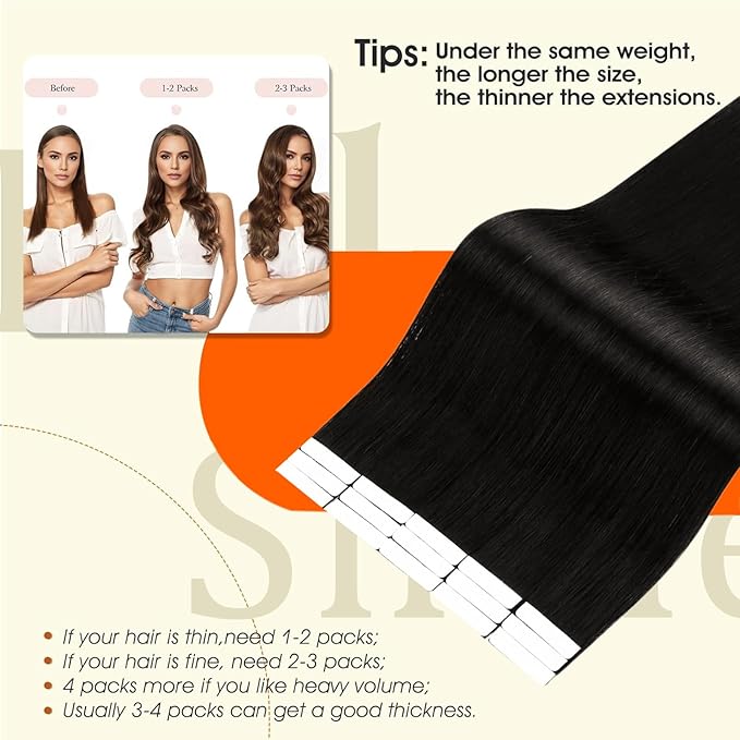 Full Shine Seamless Tape in Hair Extensions Human Hair Color 1B Black Injection Tape in Extensions Cover Thinning Areas Seamless Remy Skin Weft 16Inch 40G 20Pcs Bridal Hairstyles Lightweight