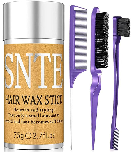 Slick Back Hair Brush (Purple), Hair Wax Stick Set, Taming Flyaways for Sleek Ponytail & Bun Styling, Hair Accessories for Teen Girls, Kids, and Women