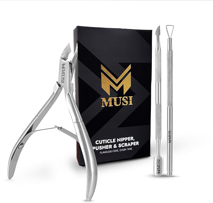 MUSI 3 PC Cuticle Nipper Clippers & Pusher, Trim Cuticles & Remove Dead Skin for Manicure & Pedicure and Groom Fingernails & Toenails with Sharp, Efficient Cuticle Trimmer Kit Men & Women