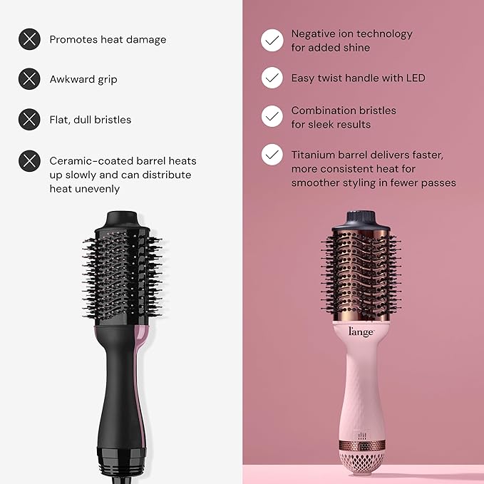 L'ANGE HAIR Le Volume 2-in-1 Titanium Blow Dryer Brush | Hot Air Brush for Hair Drying & Styling | Ionic Oval Barrel for Smooth, Frizz-Free Volume | (Blush – 60mm)