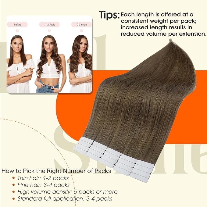 Full Shine Tape ins Human Hair Extensions Invisible Tape Hair Extensions Real Human Hair Color 3 Brown Human Hair Extension 18Inch Glue in Extensions 50G 20Pcs Seamless Remy Hair for Women Add Length