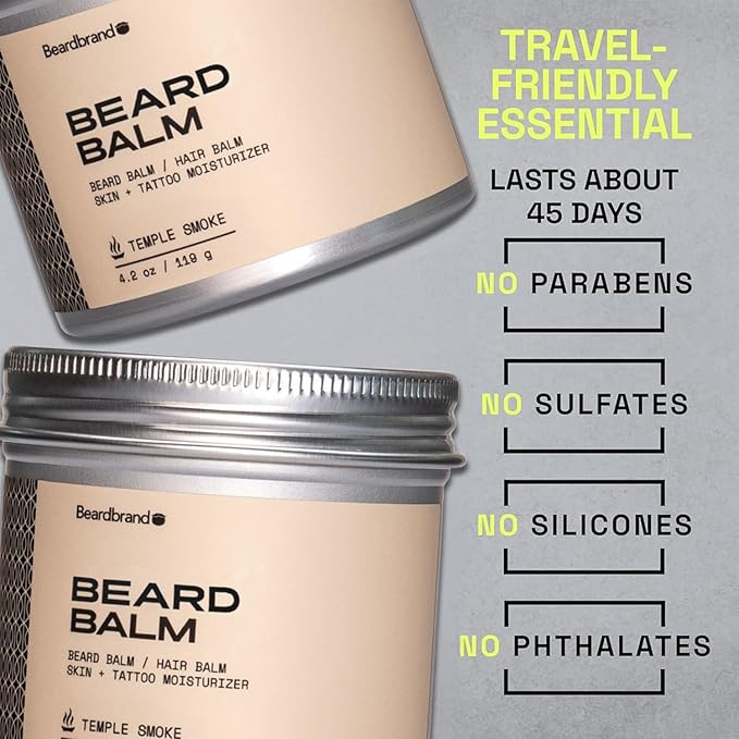 Beard Balm for Men - Travel Pack - Supports Thicker Beard, Temple Smoke Scent, Natural Ingredients Butter Reduces Dryness & Enhances Look - 4.2 oz