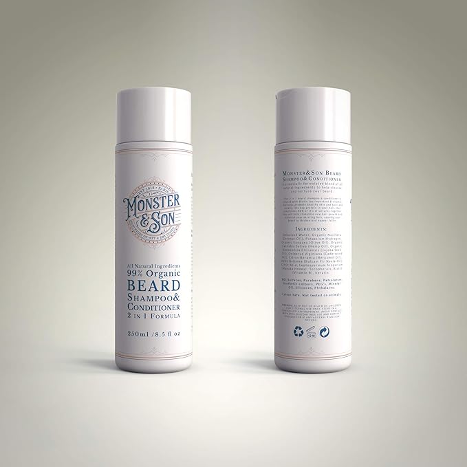 Monster&Son Organic Beard Shampoo & Conditioner 2 in 1 - Beard Wash with Conditioning For Men - Gentle Face Cleanser For Sensitive Skin - Hypoallergenic, Paraben & Sulphate Free - Long Lasting 250ml